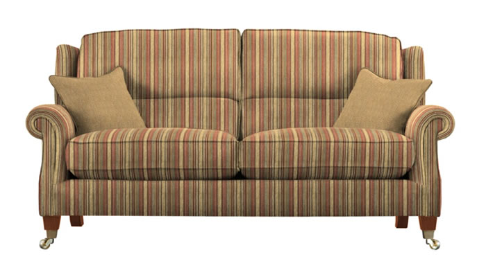 Parker Knoll Henley Large 2 Seater Sofa in Baslow Stripe Gold Fabric with Baslow Plain Gold Scatters and Cherry Legs